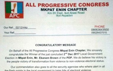 Akwa Ibom APC Congratulates Mkpat Enin Chairman-Elect