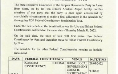 FINAL ADJUSTMENT IN SCHEDULE FOR PDP FEDERAL CONSTITUENCY SENSITIZATION TOUR