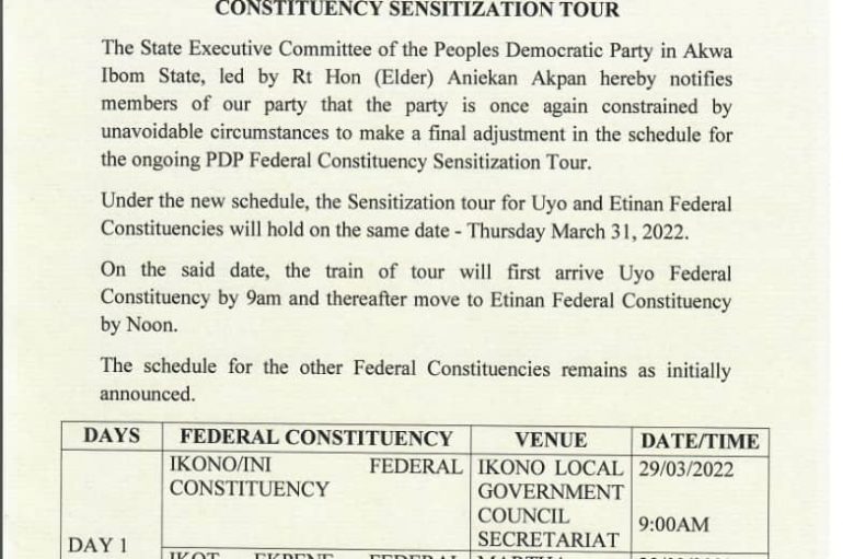 FINAL ADJUSTMENT IN SCHEDULE FOR PDP FEDERAL CONSTITUENCY SENSITIZATION TOUR